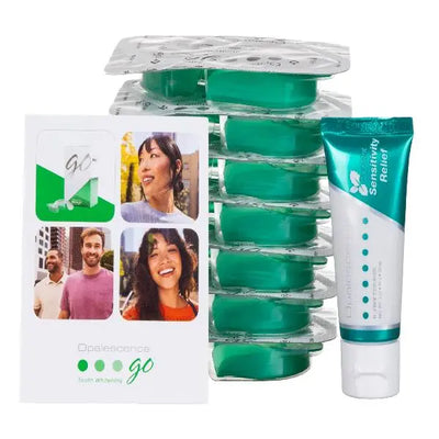 Opalescence Go 15% Hydrogen Peroxide Teeth Whitening Bundle - (7 Treatments) Prefilled Whitening Trays & Travel Sensitive Whitening Toothpaste 1 Oz - Mint