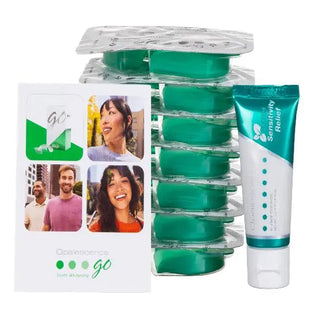 Opalescence Go 15% Hydrogen Peroxide Teeth Whitening Bundle - (7 Treatments) Prefilled Whitening Trays & Travel Sensitive Whitening Toothpaste 1 Oz - Mint